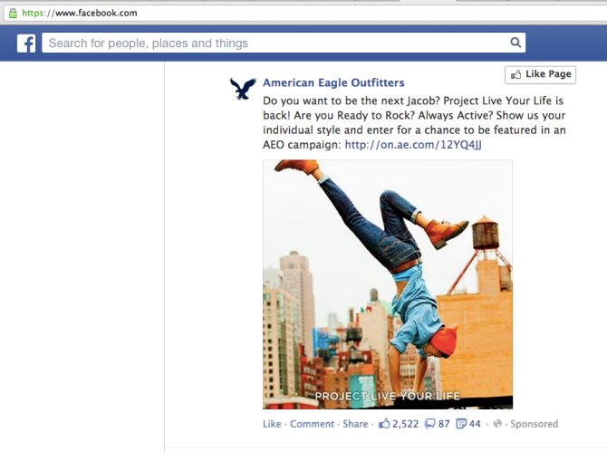 This native Facebook ad for apparel company, American Eagle, blends in seamlessly with the Facebook user interface to deliver a promotion that feels natural and relevant to the context of Facebook.